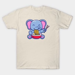 Cute Elephant Eating Ramen Bowl With Chopstick Cartoon T-Shirt